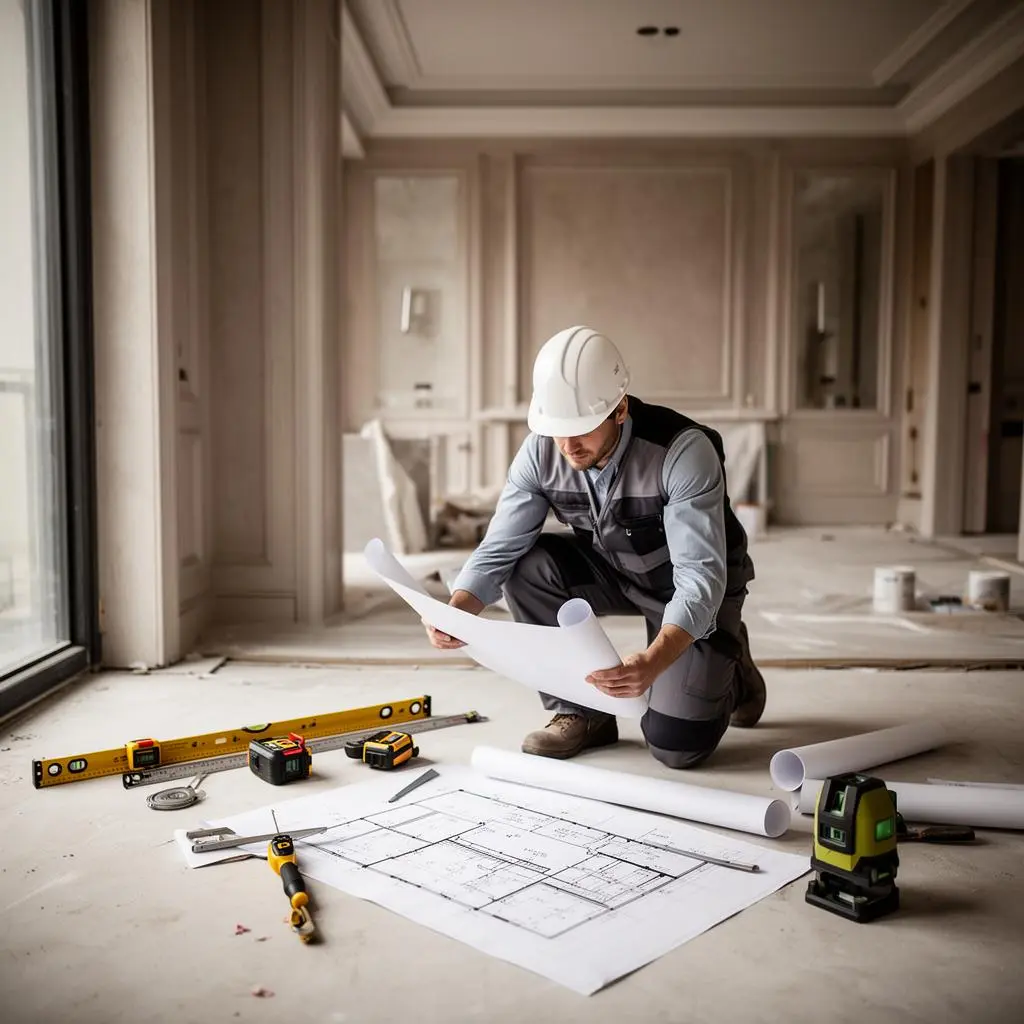 Engenheiro analisando projeto técnico em obra de alto padrão